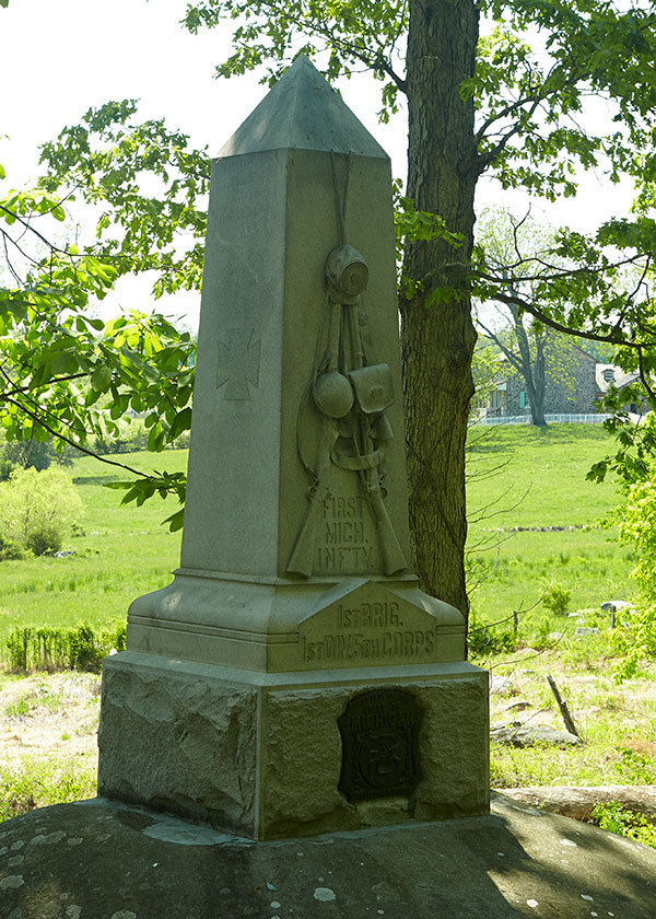 1st Michigan Infantry Monument in the Rose Woods at Gettysburg, PA. Image ©2015 Look Around You Ventures, LLC.